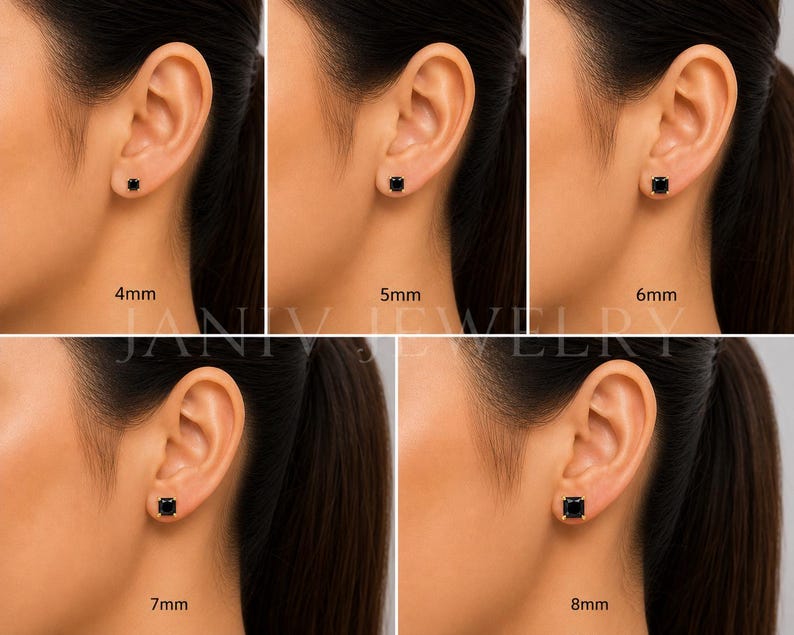 14KT Solid Yellow Gold Black Princess Cut Stud Earrings | Simulants Diamonds Screw Back 4-8mm immagine 4