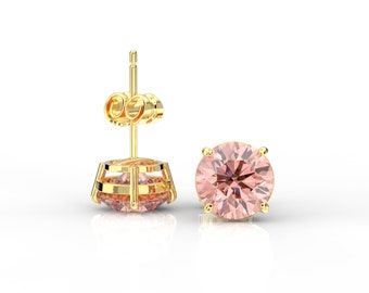 14K Yellow Gold Simulated Pink Diamond Stud Earrings: 5-8mm Solitaire Round Cut Push Back