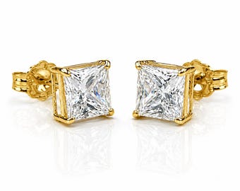 14K Solid Gold Princess Cut Simulant Diamond Stud Earrings Push Back