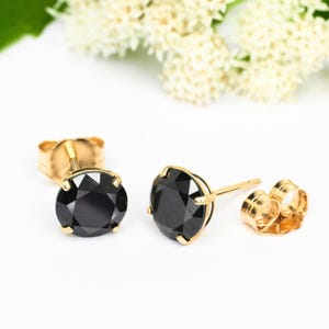 Round Cut Created Black Diamond Stud Earrings Real 14K Solid Yellow Gold Basket PushBack | Black Diamond Earrings For Women Or Men .50Ct-4Ct