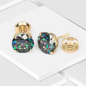 Certified Round Raibow Green Moissanite Stud Earrings Real 14K Yellow Gold Screw Back | Solitaire Genuine Moissanite Studs Elegant Jewelry