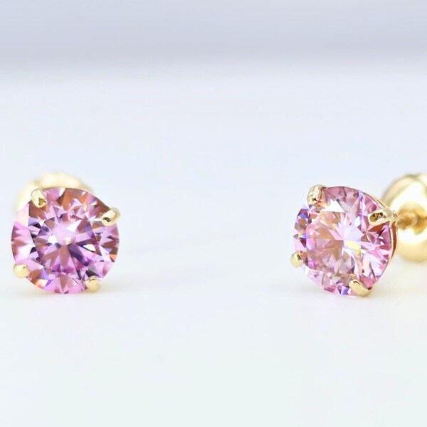 GRA Certified Round Pink Moissanite Stud Earrings Real 14KT Yellow Gold Screw Back | Pink Diamond Solitaire Crafted Earrings Gift For Her