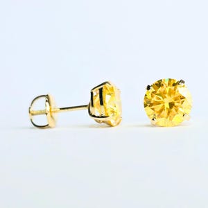 Solitaire Round Yellow Moissanite Stud Earrings Real 14KT Yellow Gold Screw Back Earrings GRA Certified | Fancy Yellow Diamond Stud Earrings