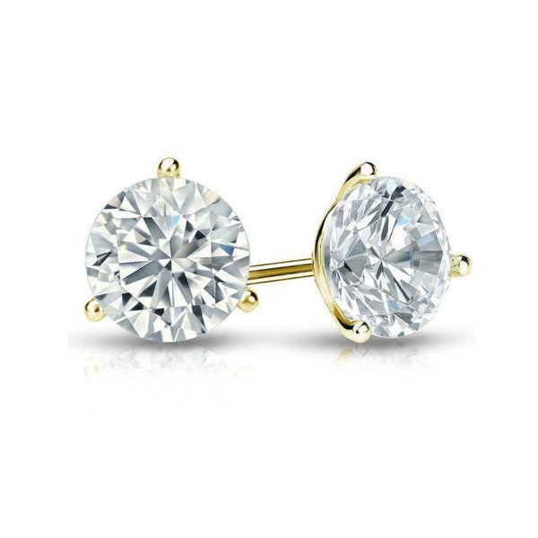 GRA Certified Created Round Cut Diamond Stud Earrings Real 14K Solid Yellow Gold Screw Back | Moissanite Diamonds | 3-Prong Martini Studs