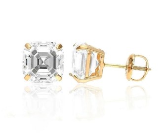 2 Carat Asscher Cut Stud Earrings Real 14K Solid Yellow Gold Screw Back Created Diamond Earrings, Solid Gold Earrings Asher Square Studs 6mm