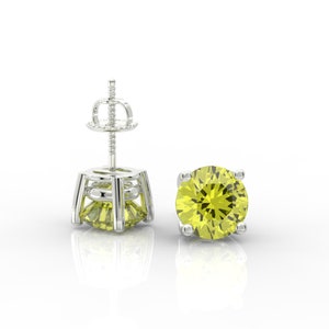 Round Brilliant Cut Yellow Diamond Stud Earrings Real 14Kt Solid White Gold Screw Back, Created Fancy Yellow Solitaire Stud Earrings 1- 4 Ct