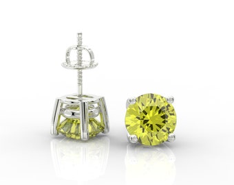 Simulated Yellow Diamond Stud Earrings: 14K White Gold, Round Cut Solitaire Screw Back