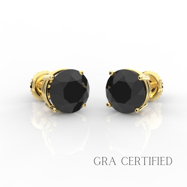 GRA Certified Round Brilliant Cut Black Moissanite Stud Earrings Real 14K Yellow Gold ScrewBack | Solitaire 4 Prong Moissanite Earrings Gift