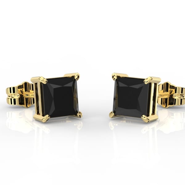 Princess Cut Black Diamond Stud Earrings Real 14K Solid Yellow Gold Basket Push Back Created Diamonds, Black Diamond Square Studs 0.50-4.Ct