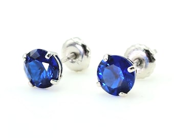 Created Blue Sapphire Stud Earrings: 14K White Gold Solitaire Birthstone Screw Back