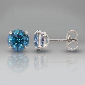 GRA Certified Blue Moissanite Stud Earrings | 14K White Gold Round Solitaire Studs | Push Back Blue Diamond Earrings | Anniversary Gift