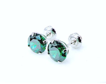 0.50.Ct-4.Ct Round Created Green Emerald Stud Earrings Real 14K Solid White Gold Screw Back, Emerald Solitaire Earrings, Birthstone Earrings