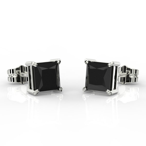 Princess Cut Black Diamond Stud Earrings Real 14K Solid White Gold Basket Push Back, Created Diamonds, Black Diamond Square Studs 0.50-4.Ct