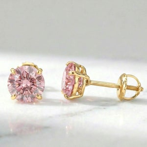 14KT Yellow Gold Certified Round Pink Moissanite Stud Earrings | Screw Back Minimalist Dainty Studs