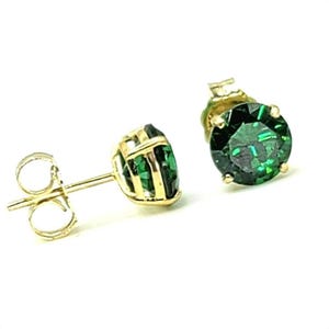 Round Created Emerald Stud Earrings Real 14KT Solid Yellow Gold Push Back, Green Emerald Solitaire Stud Earrings 4MM-8MM Fancy Birthday Gift
