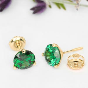 14K Yellow Gold Simulated Emerald Stud Earrings: Martini 3-Prong Screw Back