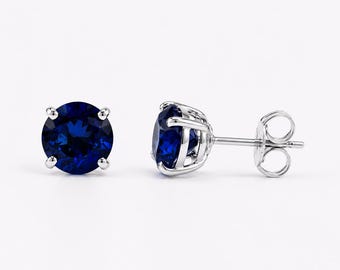 Created Blue Sapphire Stud Earrings: 14KT White Gold Solitaire Birthstone, Minimalist Jewelry Earrings