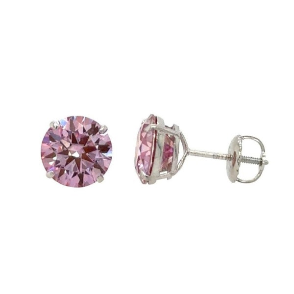 GRA Certified Round Pink Moissanite Stud Earrings Real 14KT White Gold Screw Back | Pink Diamond Solitaire Earrings Gift For Her Birthday