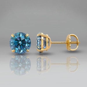 GRA Certified Blue Moissanite Stud Earrings | 14K Yellow Gold Round Solitaire Studs | Screw Back Earrings Blue Diamond | Anniversary Gift