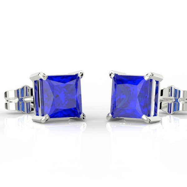 Princess Cut Blue Sapphire Stud Earrings Real 14K Solid White Gold Push Back, Created Sapphire Square Studs, Sapphire Jewelry 0.50 Ct - 3 Ct