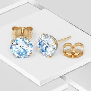 Moissanite Round Ocean Blue Stud Earrings Real 14K Solid Yellow Gold Push Back | Certified Moissanite Studs | Minimalist Everyday Jewelry