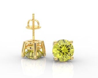 Round Brilliant Simulated Fancy Yellow Diamond Earrings - 14K Solid Yellow Gold Screw Back