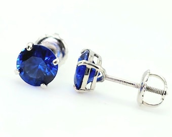 2 Ct Created Blue Sapphire Stud Earrings: 14K White Gold, Solitaire Screw Back Studs