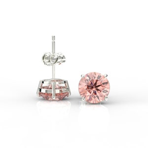 Round Brilliant Cut Created Pink Tourmaline Stud Earrings Real 14K Solid White Gold PushBack | Classic Pink Birthstone Stud Dainty 14K Studs
