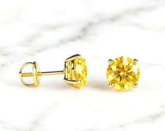 14KT Yellow Gold Earrings With Brilliant Yellow Moissanite Diamonds | GRA Certified Studs