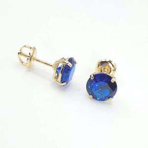 Round Blue Sapphire Stud Earrings Genuine 14K Solid Yellow Gold Screw Back, Created Sapphire Studs Solitaire Earrings, Sapphire Jewelry Gift