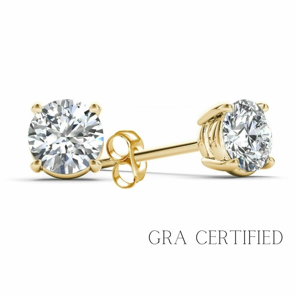 GRA Certified Round Cut Created Diamond Stud Earrings Real 14K Solid Yellow Gold Push Back | Moissanite Diamond Stud Earrings 0.50-4.Ct Gift