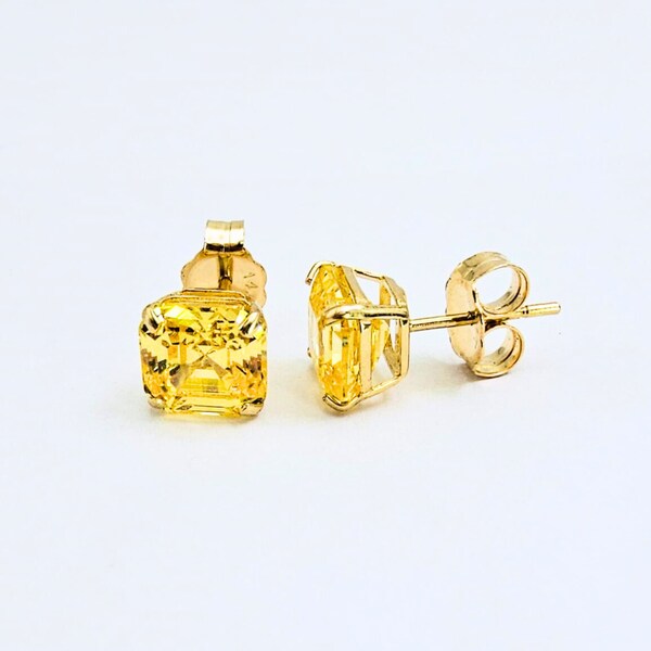 Asscher Cut Created Canary Diamond Stud Earrings Real 14KT Solid Yellow Gold Push Back | Canary Asscher Cut Earrings Unisex Crafted Jewelry