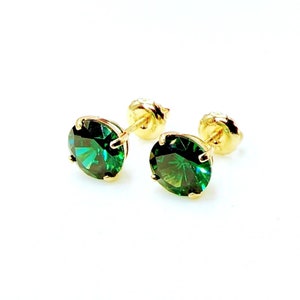 Round Simulated Green Emerald Stud Earrings Real 14K Solid Yellow Gold Screw Back, Created Emerald Solitaire Earrings, Birthstone Earrings