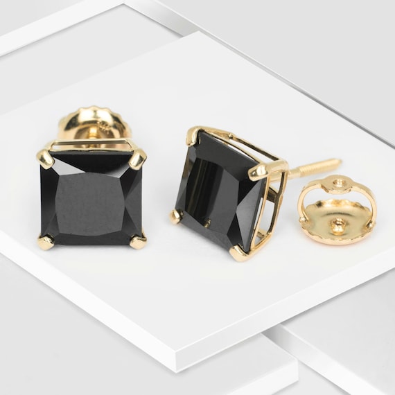 14KT Solid Yellow Gold Black Princess Cut Stud Earrings | Simulants Diamonds Screw Back 4-8mm