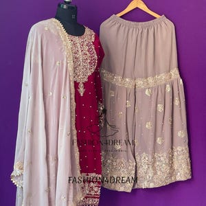 Traje de boda pakistaní rojo Sharara Palazzo, de diseñador, con lentejuelas bordadas, de 3 piezas, confeccionado, estilo étnico indio, georgette, Salwar Kameez, vestido Eid