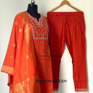 Designer Kurti Hose Set für Frauen, indische gestickte ethnische Kurta-Hose für Party, 3-teilige Hochzeitskleidung pakistanischer Salwar Kameez