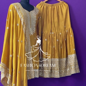 Traje palazzo Sharara amarillo de diseñador para mujer, ropa de fiesta, traje de trabajo con bordado de lentejuelas, vestido de boda pakistaní Kurta Sharara listo para usar
