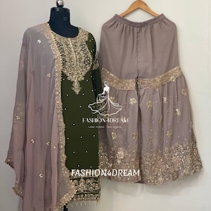 Pakistani Designer Plus Size Green Sharara Suits Ready to Wear Sequence Embroidered Work Sharara Palazzo Stitched Dress Party Gharara Suit