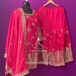 Traje palazzo Sharara rosa de diseñador para mujer, ropa de boda pakistaní, traje de trabajo con bordado de lentejuelas, kurta de fiesta, vestido Sharara listo para usar.