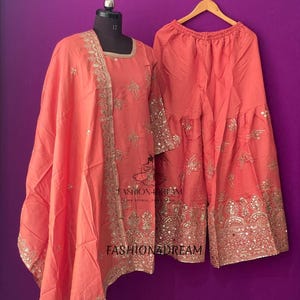 Hermoso traje palazzo sharara para mujer - Moderno traje pakistaní sharara para boda - Vestidos salwar kameez - Kurta palazzo de fiesta confeccionado
