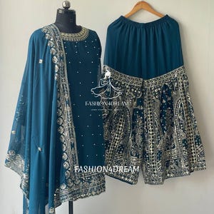 Traje gharara pakistaní para mujer, traje de trabajo bordado para fiesta Sangeet, vestido de boda de diseñador, sharara étnico indio.