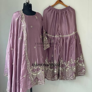 Traje tradicional pakistaní de boda Sharara Palazzo, Kurta con Sharara Dupatta para Eid, traje de fiesta de diseñador de 3 piezas con lentejuelas, listo para usar.