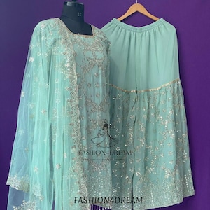 Diseñador pakistaní Georgette totalmente bordado secuencia trabajo confeccionado Salwar Kameez cosido traje de boda Sharara trajes mujeres vestido de fiesta