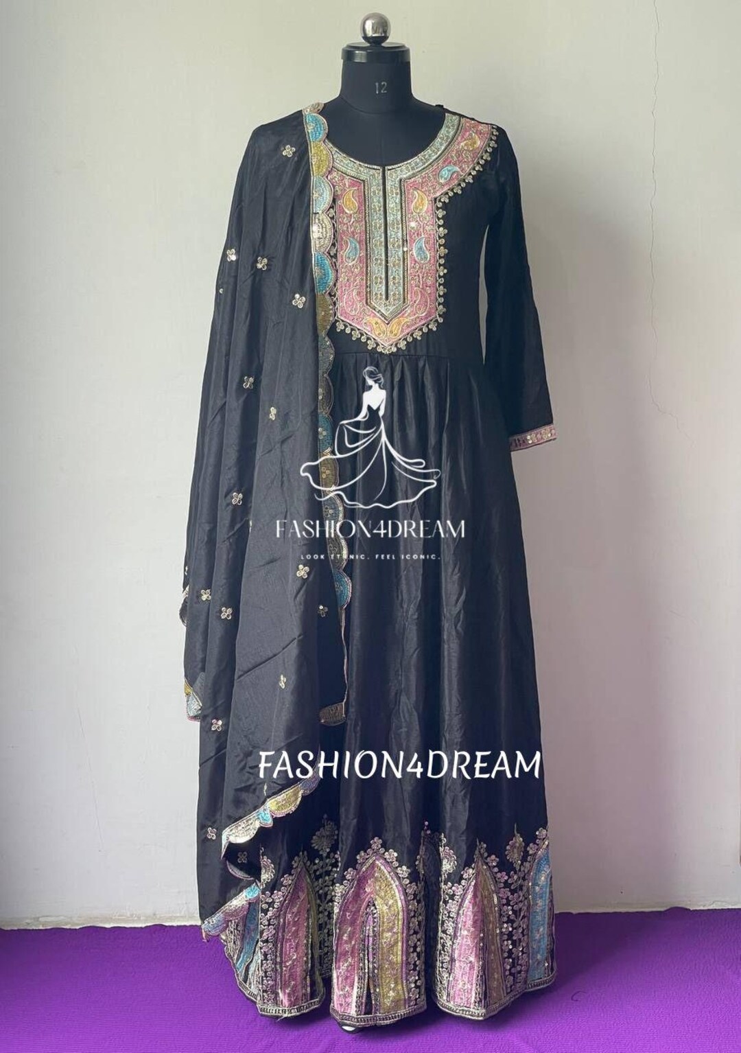 Metalic Foil Work Embroidered Wedding Festive Black Anarkali Gown