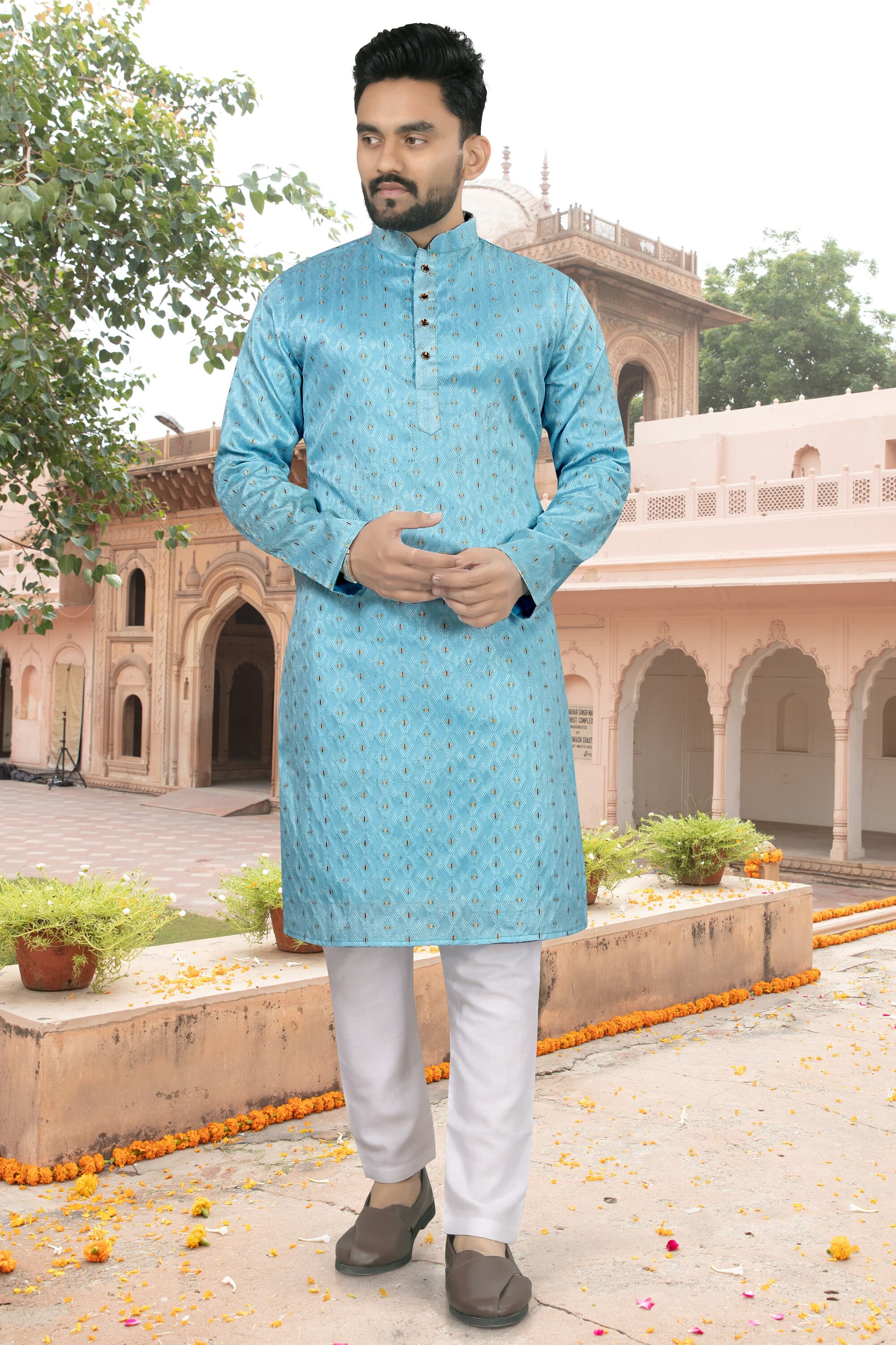 Jecard Silk Traditional Kurta Pajama Set for Men Wedding Reception ...