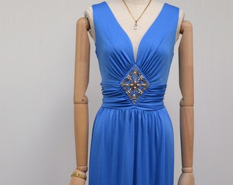 1970s Carnegie of London UK10, Blue Lagoon, Pearl & Bead Diamond Bodice, Sleeveless Soft column Vintage Maxi long Gown Dress.