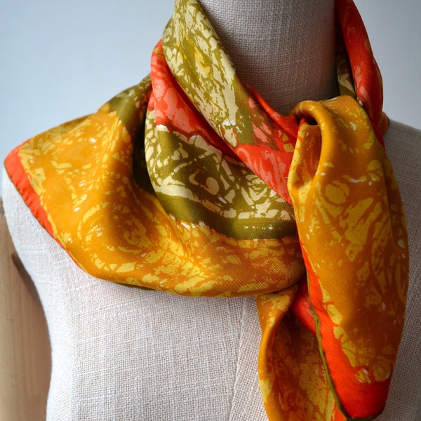 1960s Vera Designer "Hot Earth" Orange, Gold, Saffron, Olive Silk Square Vintage Scarf