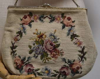 1950s Christine of Detroit, Ring-o-Roses Petit Point, Vintage purse bag.