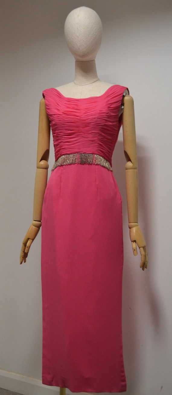 1960s Hart Dyke, UK8, Hot Rose pink chiffon, Bead… - image 2