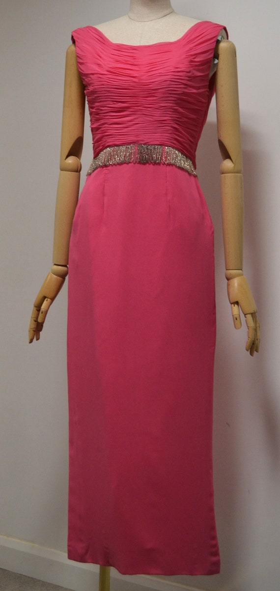 1960s Hart Dyke, UK8, Hot Rose pink chiffon, Bead… - image 1